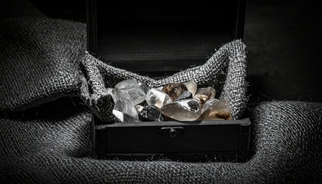 Uncut raw gems nestled within a small dark wooden treasure box lined with woven fabric