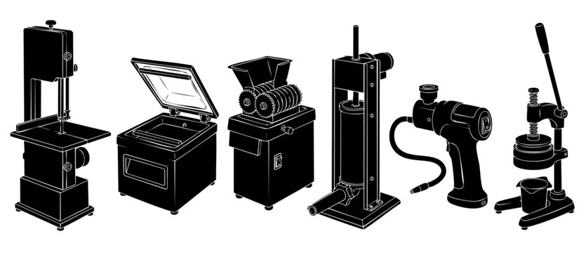 Industrial Food Processing Machinery Set: Meat Slicer, Vacuum Sealer, Grinder, Sausage Stuffer, and Press Tool Vector Illustration for Professional Kitchen Equipment and Manufacturing Industry Concept