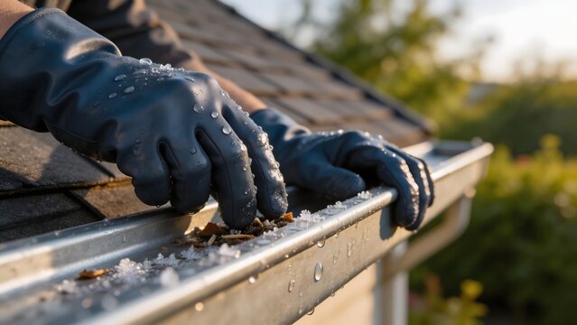 Person cleaning gutter with gloves