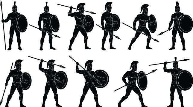 Ancient Greek Spartan warrior silhouettes holding spears and round shields in various combat stances, isolated vector illustrations for microstock design.