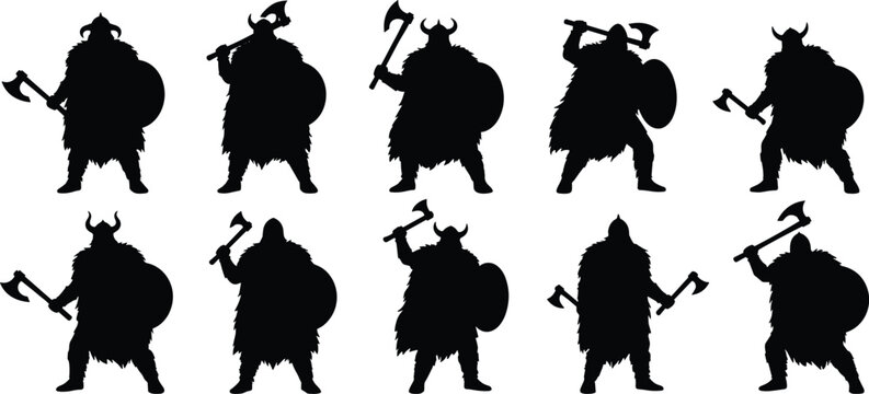 Nordic warriors viking silhouettes collection with horned helmets shields and axes for ancient medieval scandinavian vector design history illustration graphics