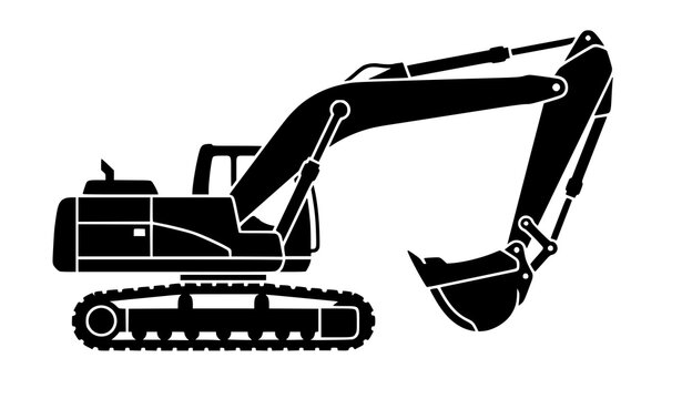 Excavator heavy construction machinery vector silhouette illustration featuring detailed tracks, hydraulic mechanical arm, and industrial digging bucket for civil engineering building site logos and g