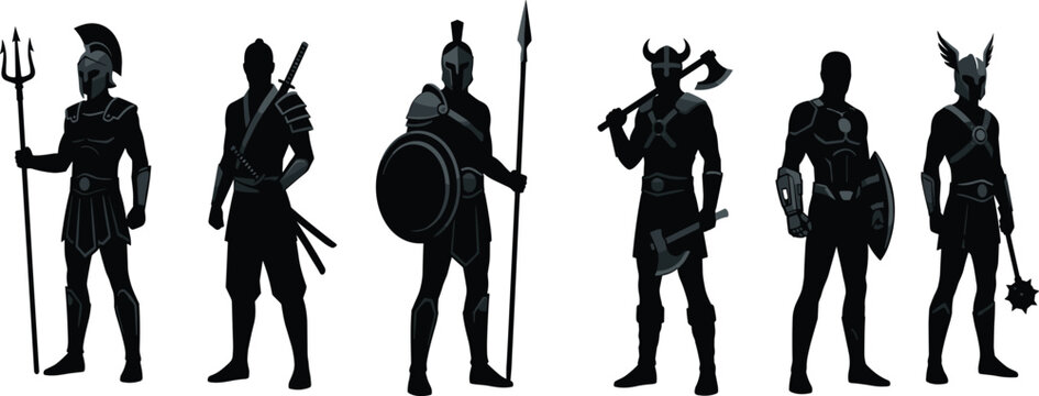 Ancient warrior silhouettes set including Roman gladiator, Japanese ninja, Greek Spartan, Viking berserker, futuristic sci-fi soldier, and winged knight icon.