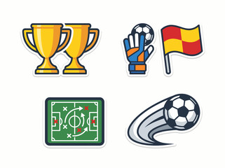 This image showcases soccer elements including trophies, a soccer field, a goalkeeper's gloves, and other sports items, capturing the spirit of competitive sports. © Shufen