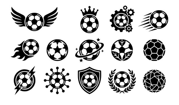 Vector set of soccer football icons featuring abstract black silhouette designs combined with wings, crowns, gears, fire flames, space planets, lightning bolts, shields, and laurel wreaths for sports 