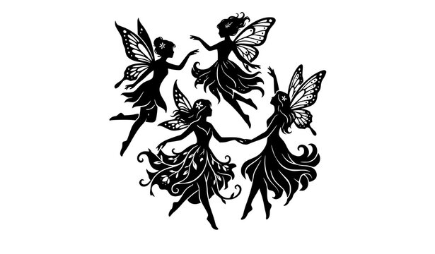Vector set of magical dancing fairy silhouettes featuring mystical woodland pixies with butterfly wings, enchanted mythical creatures in elegant dresses, and fantasy storytelling design elements for g