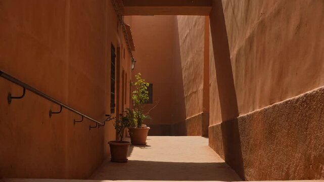 Sunlit passage between traditional terracotta buildings, featuring a railing, potted plants,