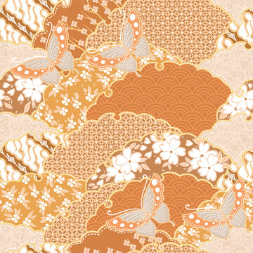 Batik Concept Seamless Pattern with Butterflies and Floral Motifs