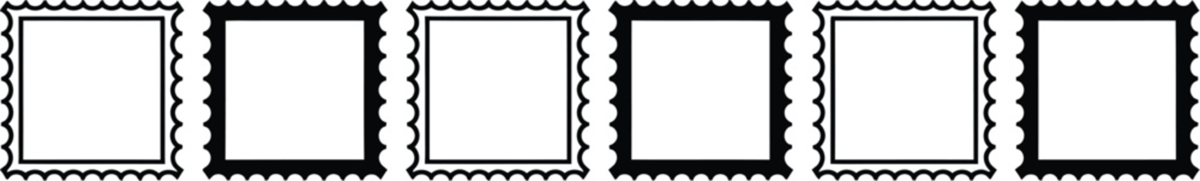 Blank postage stamp border vector set featuring square frames with scalloped edges for mail post office and philately design.