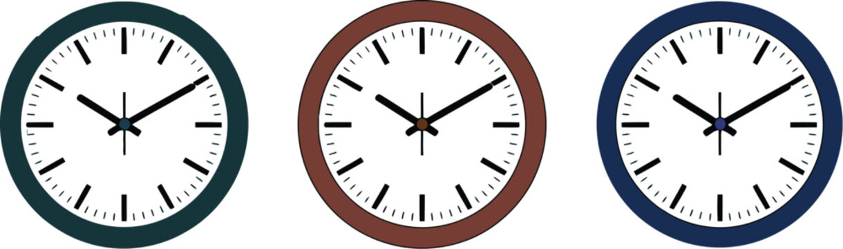 Wall clock vector template set featuring classic round analog dials with dark green brown and blue frames for office schedule.