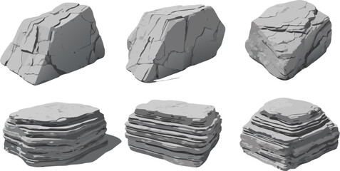 Gray Rock Illustration Set Featuring Layered Stone Formations, Natural Boulders, and Mountain Geology Design Elements © EdGe Creative