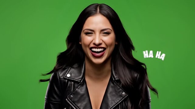 Woman Laughing Hysterically on Green Screen Background.