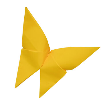 A single yellow paper origami butterfly folded by hand as a craft art isolated on transparent background
