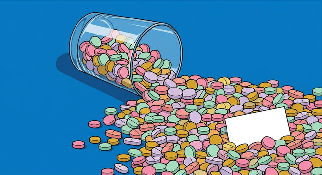 White card is placed on a blue background, and colorful pills and capsules spill from a glass. This represents concepts such as drug overdose and the burden of medical expenses.