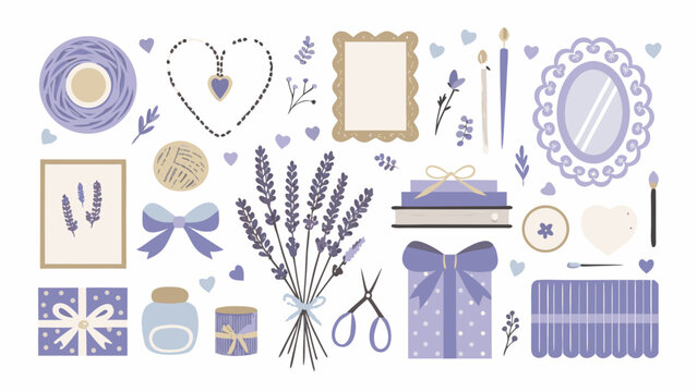 lavender themed collection with purple toned items including flowers gifts and decorative elements on a white background