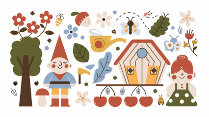 whimsical garden scene with gnomes flowers and a tiny house flat vector illustration on white background © Suranjan