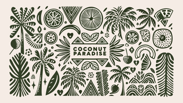 tropical botanical illustration with palm leaves coconuts and fruit in a dense monochromatic arrangement
