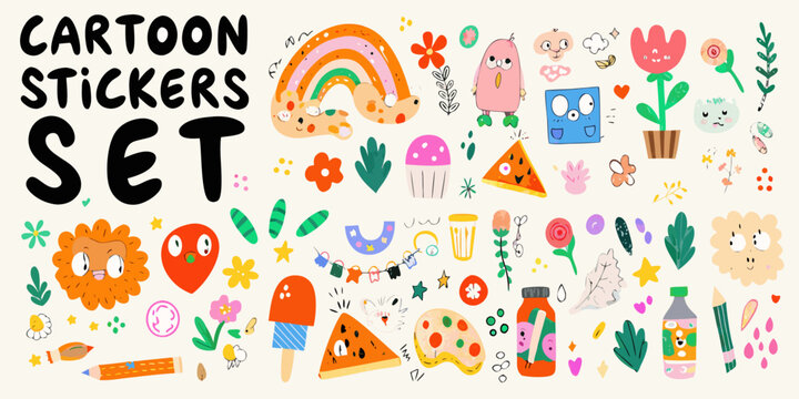 colorful cartoon sticker set with whimsical illustrations of rainbows flowers and playful characters on a beige background