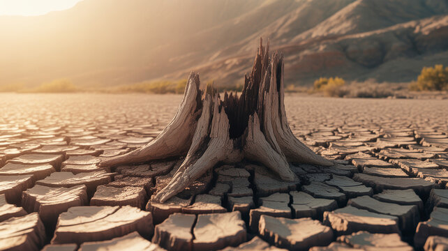 Dried up tree stump in cracked earth near a lake during sunset with arid land