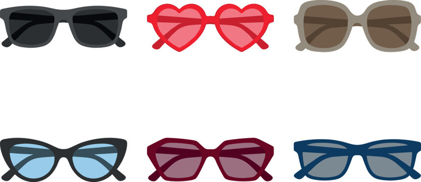 Stylish pixel art sunglasses collection with heart shaped retro eyewear and fashionable vintage accessory vector illustration