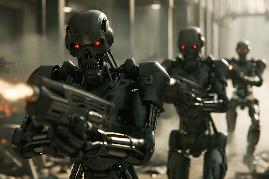 Dystopian Killer Robots Armed for Combat in a Post-Apocalyptic Sci-Fi Battlefield
