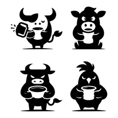 Naklejka premium Bull Cow Bird with Coffee 4 Pack Black Silhouette Vector Mascot Set