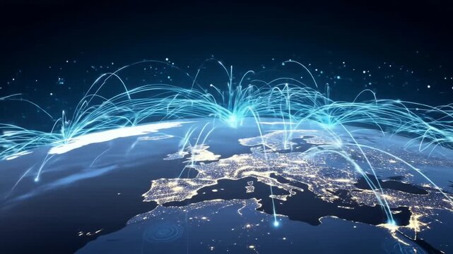 Global digital network connecting the Earth at night with glowing blue lines. Worldwide communication, data exchange, and internet technology concept.