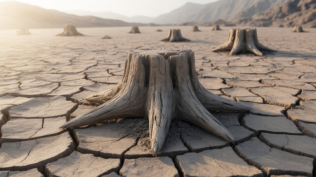 Dried up tree stumps in cracked earth during sunset with arid land, sun dried