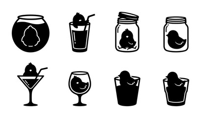 Cute Chick Icons, Baby Bird Drink Symbols, Kawaii Animal Beverage Graphics, Set of 8 Vector Illustrations © Mahfuz