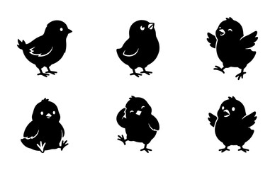 Adorable Black Silhouette Chicks Vector Set, Cute Baby Birds Collection, Simple Easter Poultry Graphics, Playful Fowl Poses, Spring Animal Icons © Mahfuz