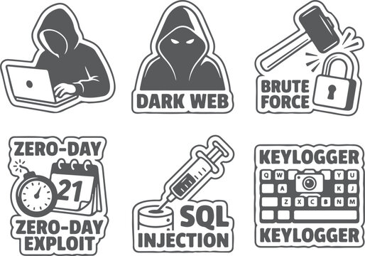 Cybersecurity icons illustrating hacking, dark web, brute force, zero-day, and keylogger threats.