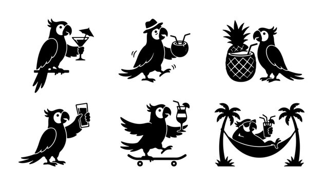 Tropical Parrot Party Vector Icons, Fun Exotic Bird Characters with Cocktails and Sunglasses, Summer Vacation Vibes, Set of 6 Black Silhouettes