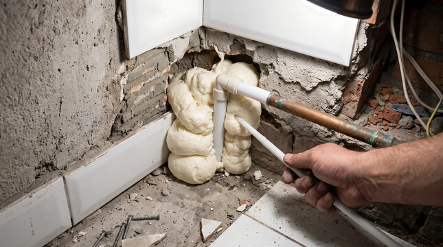 Plumber filling gaps around domestic water pipes with expanding polyurethane insulation foam during home renovation.