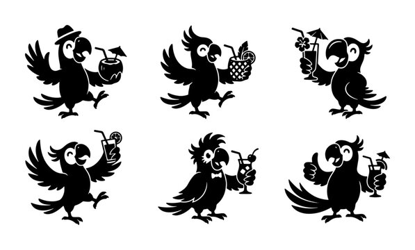 Six Silhouettes of Cheerful Parrots Holding Tropical Cocktails, Vector Illustrations for Summer Fun and Vacation Themes