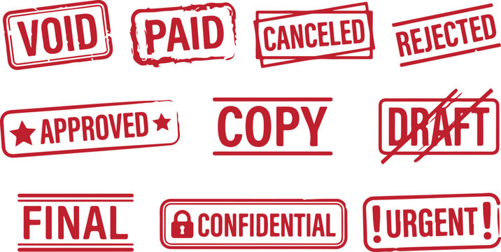 Red rubber stamps with text VOID PAID CANCELLED REJECTED APPROVED COPY DRAFT FINAL.