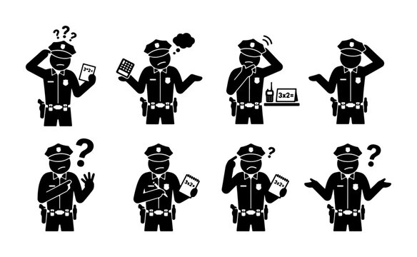Police Officer Stick Figure Icons, Confused and Questioning Gestures, Law Enforcement Emotions, 8 Vector Elements Set