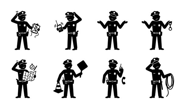 Police Officer Icon Set, Law Enforcement Stick Figure Collection, Security Guard Pictograms, Public Safety Symbols, Criminal Justice Graphics, Law Enforcement Officer Actions