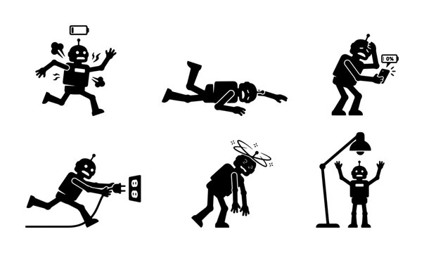 Robot Icon Set: Battery Low, Falling, Phone Call, Charging, Dizzy, Under Lamp - Vector Graphics for Tech Concepts