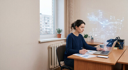 Fototapeta premium AI analyst working in a modern Eastern European office