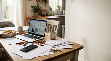 Fototapeta premium Messy kitchen table desk showing work life balance stress