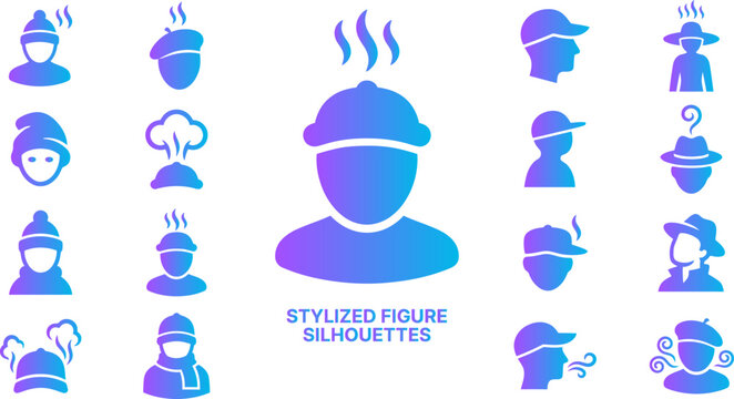 Stylized figure silhouettes with gradient colors showing different hats and weather conditions.