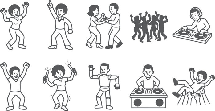 People dancing disco retro style set line art men women DJs at party on transparent background vector illustration.