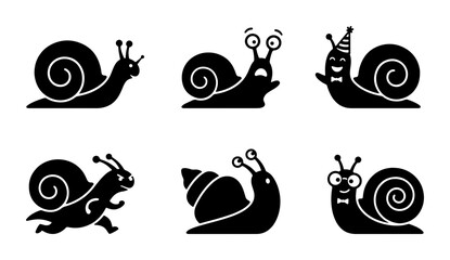 Charming Snail Vector Icons Set, Cute Mollusk Characters with Expressive Faces, Simple Black and White Illustrations for Children's Designs © Enamul