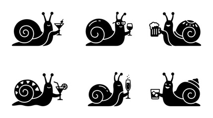 Whimsical Snail Characters with Drinks, Vector Icons Set: Fun Animal Illustrations for Party, Celebration, and Bar Themes © Enamul