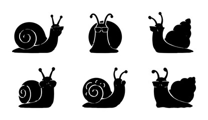 Six Silhouette Snail Icons, Vector Art Collection: Simple Black Mollusk Graphics for Nature and Garden Themes, Cute Slow Creature Designs © Enamul