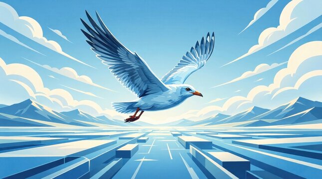 Seagull gliding over geometric ocean expanse with mountains