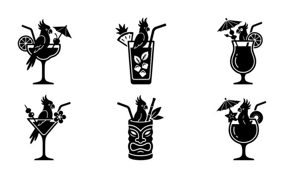 Tropical Cocktails with Parrots, 6 Black Vector Icons Set, Summer Drinks, Tiki Bar, Beach Party, Vacation Refreshments