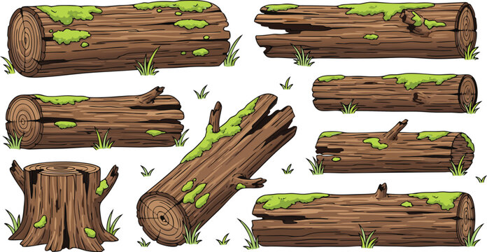 Rotten Wooden Log Vector Collection Featuring Moss Covered Tree Trunks, Stumps, and Decayed Timber Elements for Nature and Forest Designs
