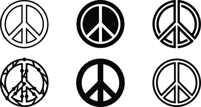 Black and white peace symbol icons representing harmony pacifism unity freedom and social activism concept vector illustration collection set design