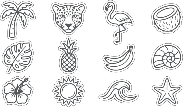 Tropical beach elements palm tree leopard flamingo coconut shell pineapple bananas.